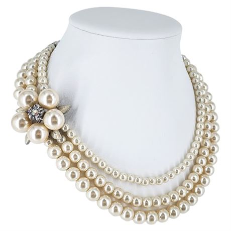 Triple Strand Faux Pearl Necklace w/ Rhinestone & Enamel Flower Accent