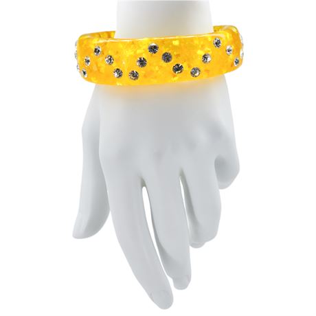 Vintage Molded Yellow Resin Bangle w/ Iridescent Glitter & Rhinestones
