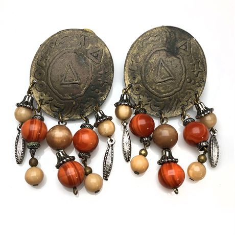 Vintage Brutalist Bronzed Chunky Tribal Hieroglyphic Shield Beaded Earrings