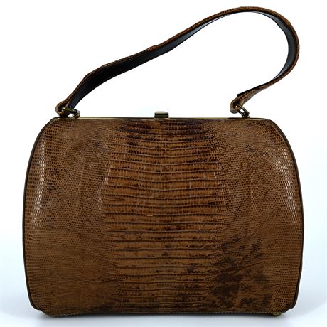 Vintage Handbag, Footed Bottom, Lizard Skin Style Exterior