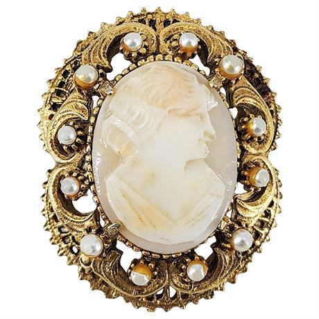 Vintage FLORENZA Hand-Carved Shell Cameo Brooch/Pendant