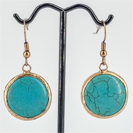 Turquoise Round Drop Earrings, Hammered Gold-Tone Metal