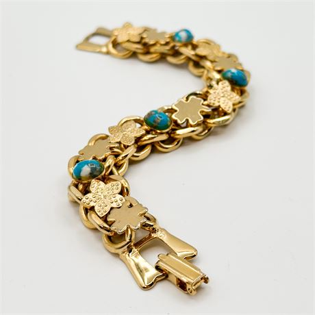 Vintage Gold Tone & Faux Turquoise Link Bracelet