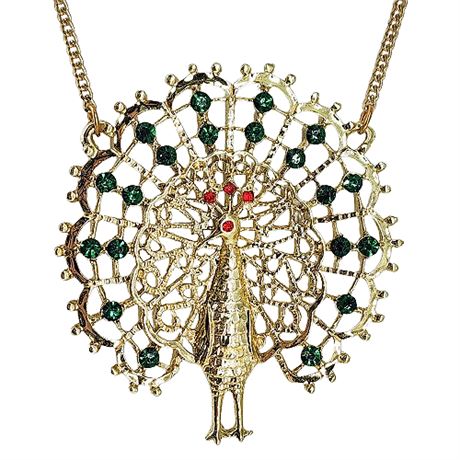 Vintage 70s Large Rhinestone Peacock Pendant Necklace