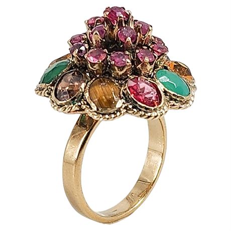Mid-Century 14K Gold Thai Princess Multi-Gemstone High Dome Ring, Sz 6