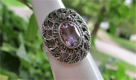 925 Sterling Silver Vintage-Style Marcasite Statement Ring Sz 7