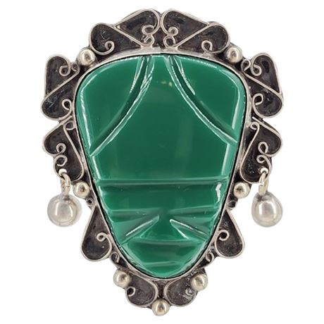 Vtg VALENCIA Sterling Silver Green Onyx Mesoamerican Face Brooch