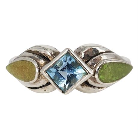Signed Sterling Silver Blue Topaz & Crushed Green Turquoise Ring, Sz 9.5