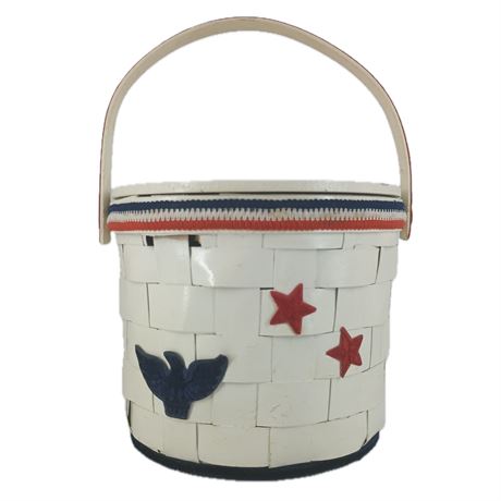 Vintage Handmade Patriotic Basket Purse, Woven White with Stars & Eagle Applique