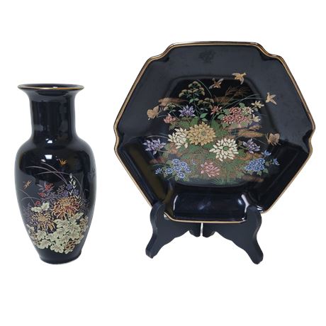 Vintage Black Floral Hexagon Tray / MANN Imperial Dynasty Black Floral Vase