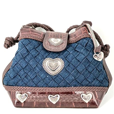 Quilted Denim & Leather Handbag with Heart Detailing