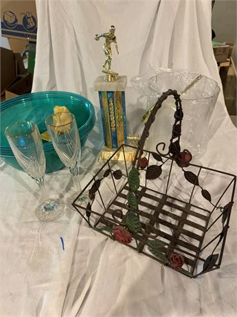 Plastic Bowls, Ice Bucket, Trophy, Champagne Glasses & Wire Basket