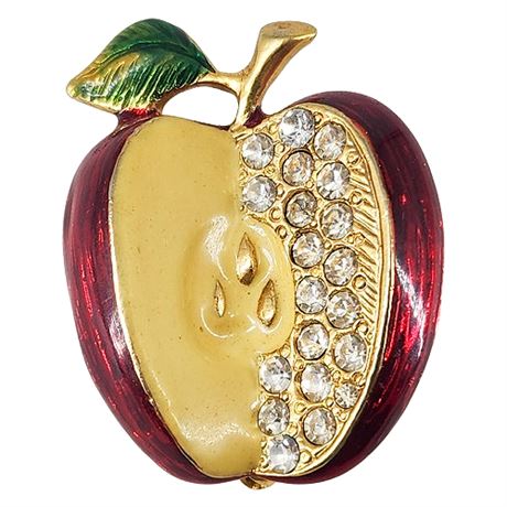 Vintage Enamel & Rhinestone Apple Brooch