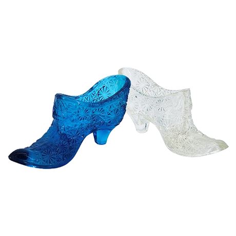 Two L.E. Smith Daisy & Button Pressed Glass Slippers, One Flawed