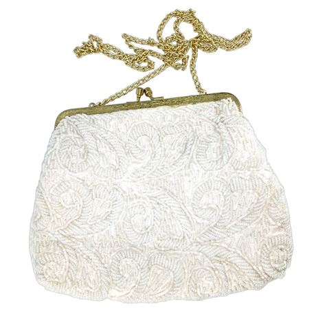 Vintage White Beaded Evening Handbag with Gold-Tone Chain