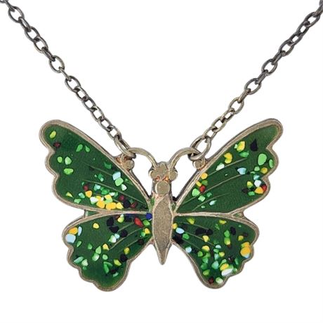Vintage Confetti Enamel Butterfly Pendant Necklace