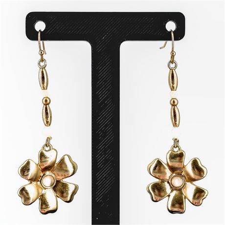 Gold-Tone Flower Dangle Earrings – Retro Petal Design with Beaded Accents