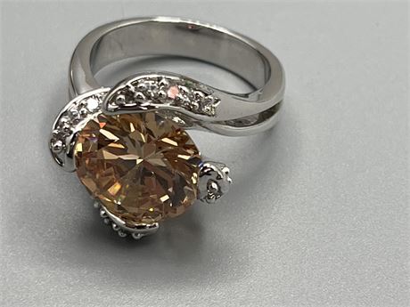 Vintage orange cubic zirconia with rhinestone Silvertone ring