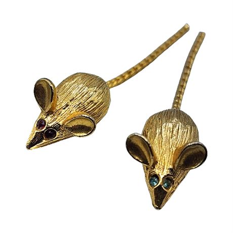 Pair Mouse Brooches w/ Rhinestone Eyes & Chain Tails