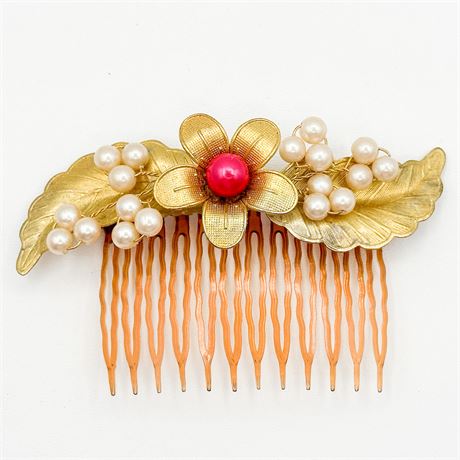 Vintage Gold Tone & Faux Pearl Floral Hair Comb