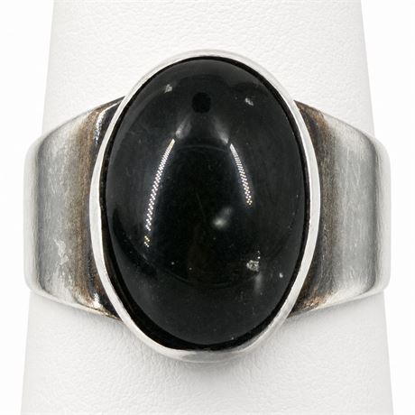 Sterling Silver Ring with Oval Glass Cabochon, Adjustable