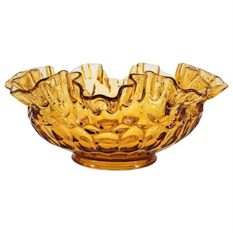 Vintage FENTON UV Reactive Thumbprint Colonial Amber Ruffled Glass Bowl