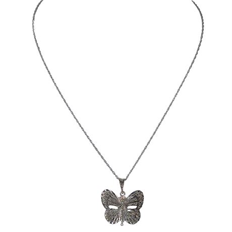 Sterling Silver Butterfly Pendant Necklace with Clear Stones – Filigree Design