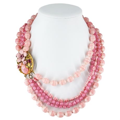 Vintage Bubblegum Pink Multi Strand Plastic Bead Necklace