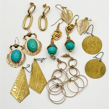 Lot of 7 Pairs Vintage Gold Tone & Faux Turquoise Earrings