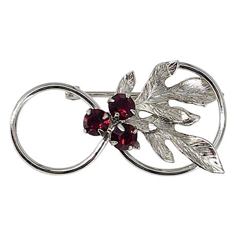 Signed Sterling Silver Leaves & Rhinestones Brooch