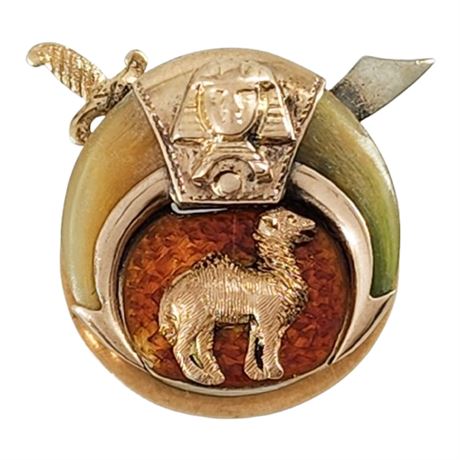 Vintage 14K Gold, Horn, Enamel Shriner Screw Back Lapel Pin