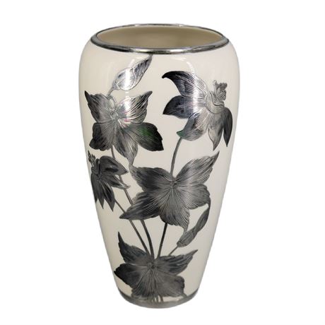 Willets Belleek American Porcelain Sterling Silver Overlay Flowers Vase