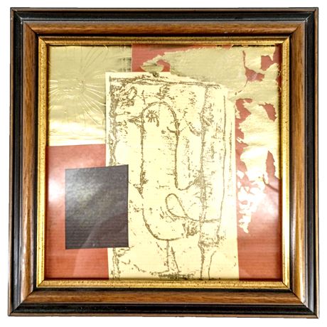 Framed Mixed Media Textile Art Bird Motif Wall Hanging with Gold Leaf Detailing