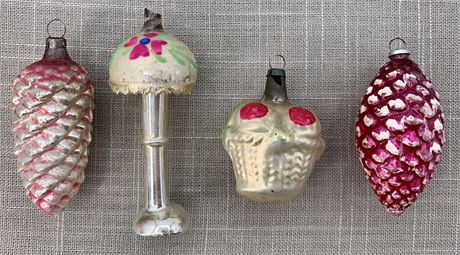 4 Antique to Vintage Glass Feather Tree Ornaments
