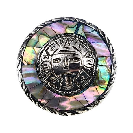 Signed Sterling Silver Abalone Aztec Brooch