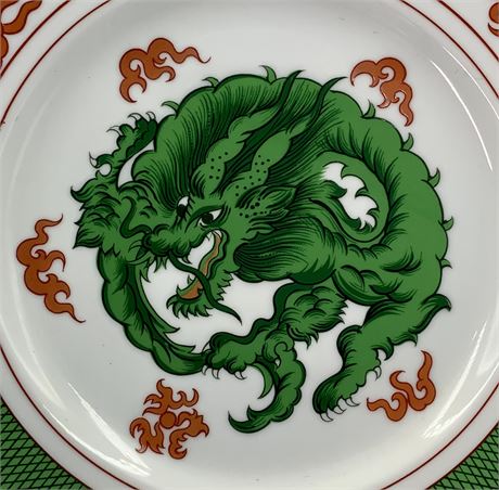 Large 12” Fitz & Floyd Emerald Dragon Plate with Wood Stand, Japan