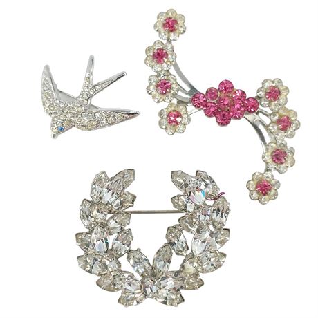 Blush Garden Party Sparkle Brooch Trio,  Rhinestone Floral & Swallow, Vintage
