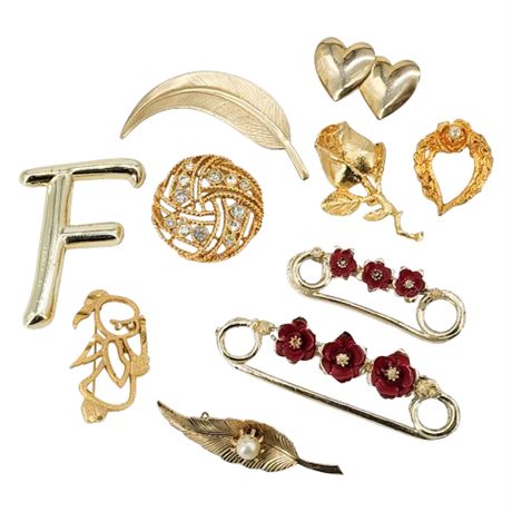 Ten Vintage Gold Tone Brooches