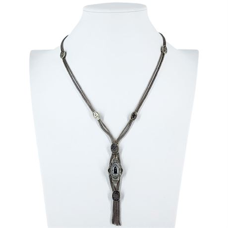 Vintage Sterling Silver Niello Hematite Fringe Necklace