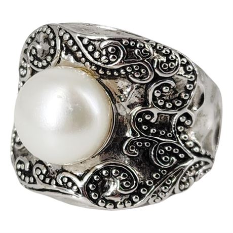 Signed CFJ Sterling Silver Freshwater Pearl Ring, Sz 8