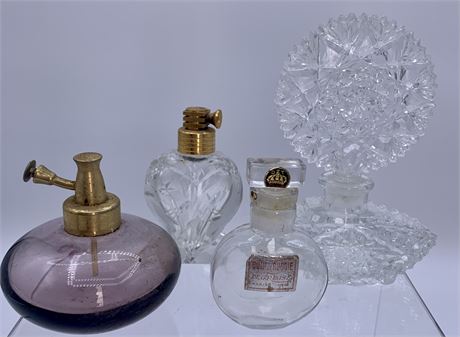 Four Vintage Lavender, Clear Glass, & Crystal Perfume Bottles