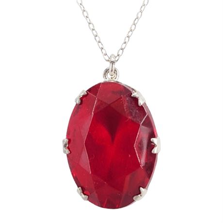 Vintage Sterling Silver Red Glass Rhinestone Pendant Necklace