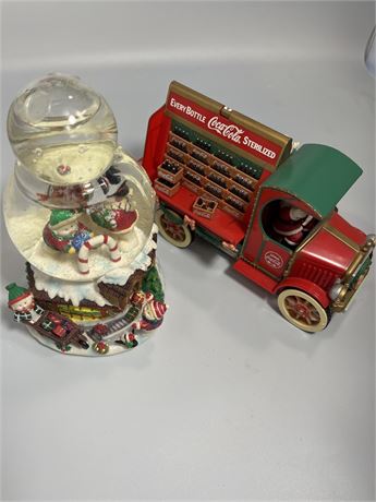 Christmas lot, Coca-Cola truck and snowman snow globe