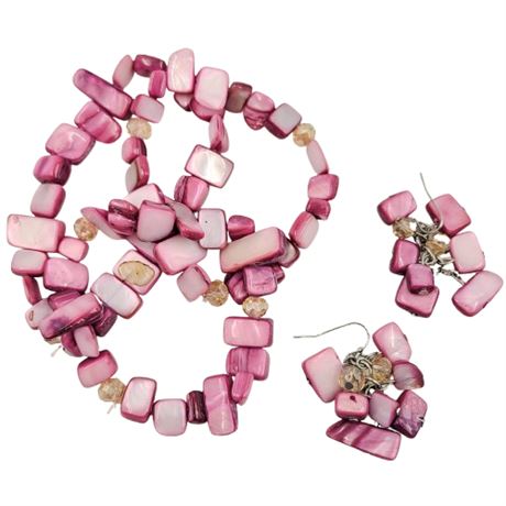 Dyed Pink Mother of Pearl Stretch Bracelet Trio and Dangle Earrings Set