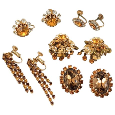 Five Pairs Vintage Gold Tone Topaz Rhinestone Clip Earrings