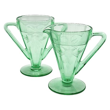 Green Depression Glass Footed Cone Cream & Open Sugar