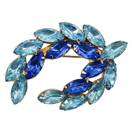 Vintage Prong Set Blue Rhinestone Navette Swoosh Brooch