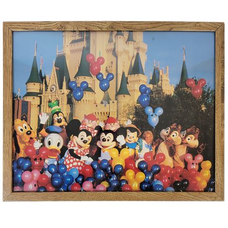 Framed 1980s Walt Disney World Characters in Front of Cinderellas Castle Print