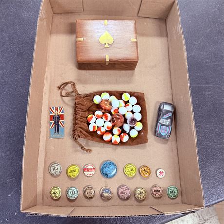 Box lot w/ Marbles, Antique Union Buttons, Vintage Wooden Card Box