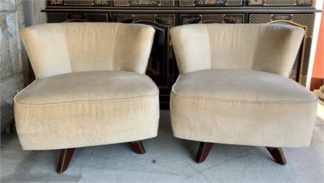 Pair of Mid Century Barrel Back Swivel Champagne Velveteen Lounge Chairs